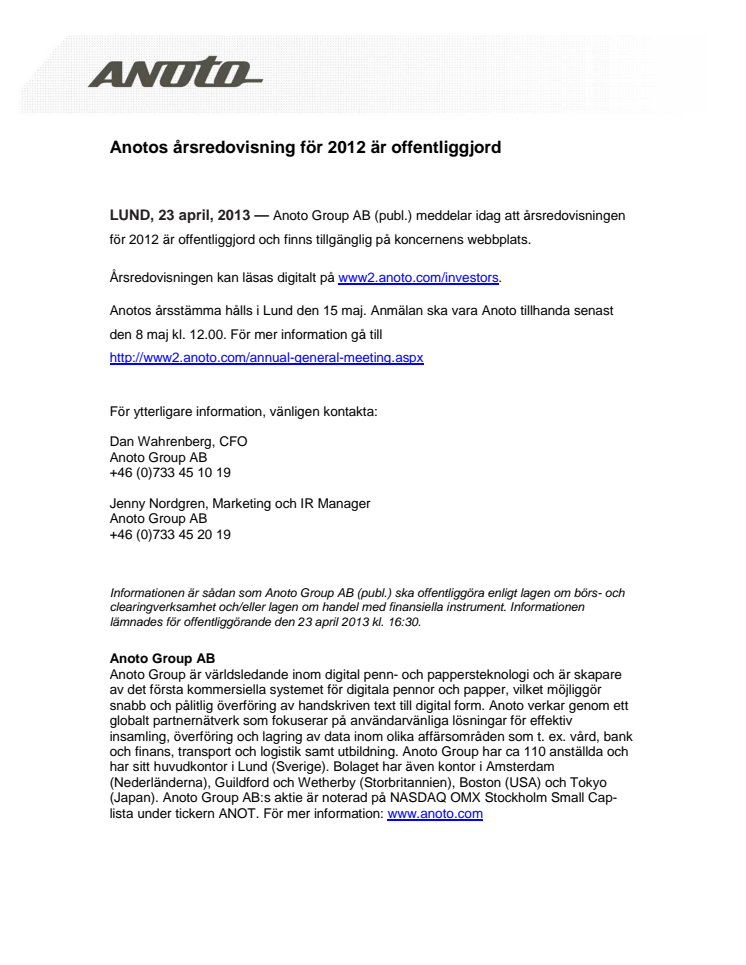 Anotos årsredovisning för 2012 är offentliggjord