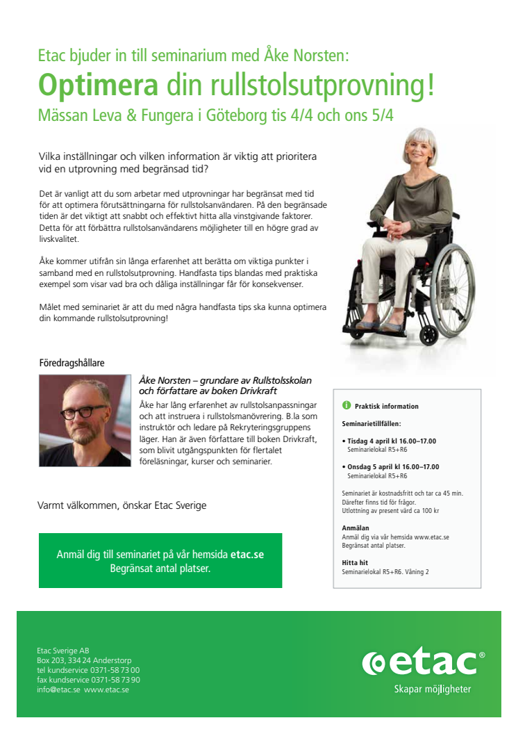 Inbjudan till seminarium "Optimera din rullstolsutprovning" - Leva & Fungera i Göteborg 