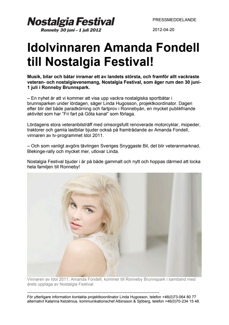 Idolvinnaren Amanda Fondell  till Nostalgia Festival! 