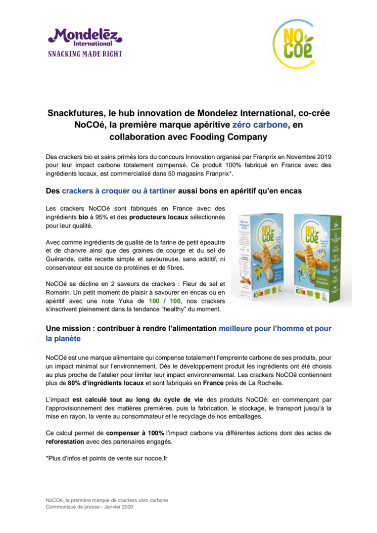 Snackfutures, le hub innovation de Mondelez International, co-crée NoCOé, la première marque apéritive zéro carbone, en collaboration avec Fooding Company