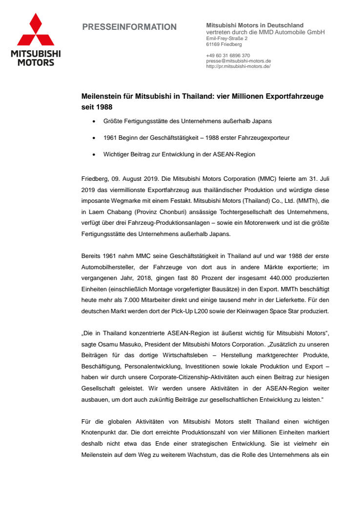 Meilenstein für Mitsubishi in Thailand: vier Millionen Exportfahrzeuge