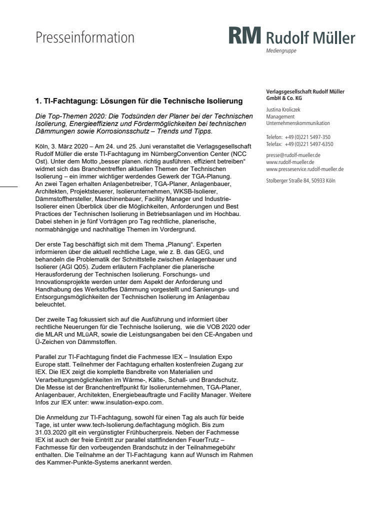 1. TI-Fachtagung: Lösungen für die Technische Isolierung	