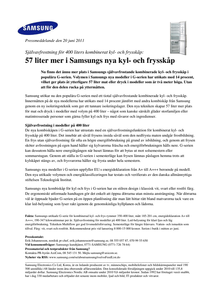 57 liter mer i Samsungs nya kyl- och frysskåp