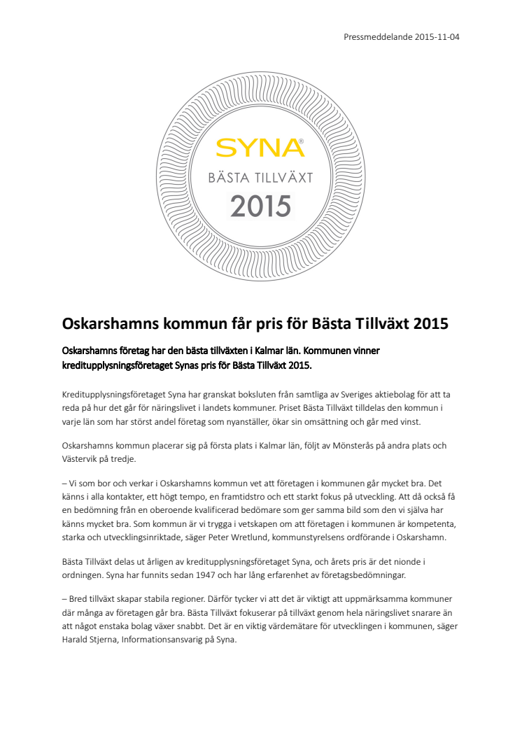 Oskarshamns kommun får pris för Bästa Tillväxt 2015