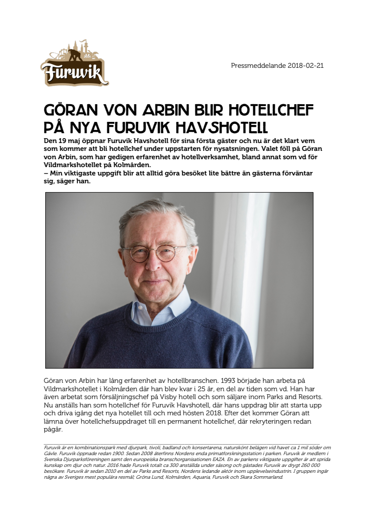 Göran von Arbin blir hotellchef  på nya Furuvik Havshotell