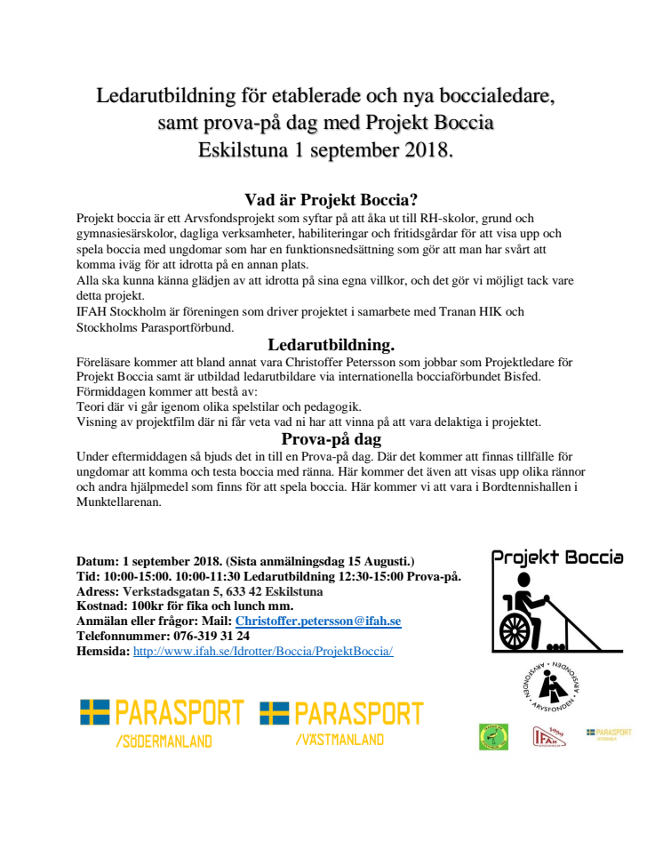 Projekt Boccia - Ledarutbildning och prova-på dag i Eskilstuna 1/9