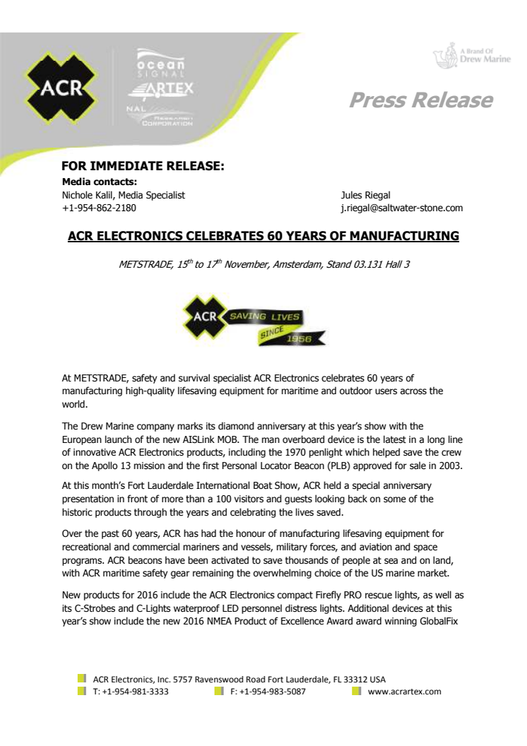 ACR Electronics Celebrates 60 Years of Manufacturing