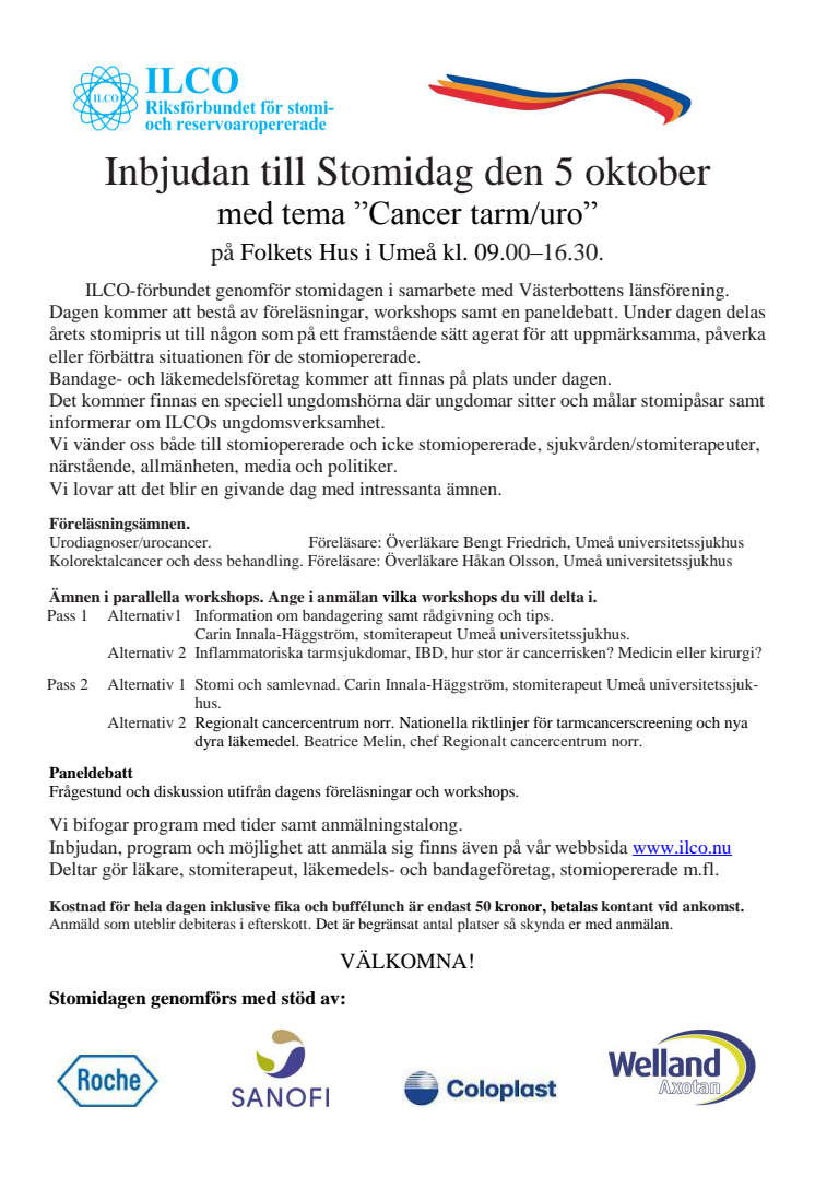 Stomidag med tema ”Cancer tarm/uro” den 5 oktober på Folkets i Umeå
