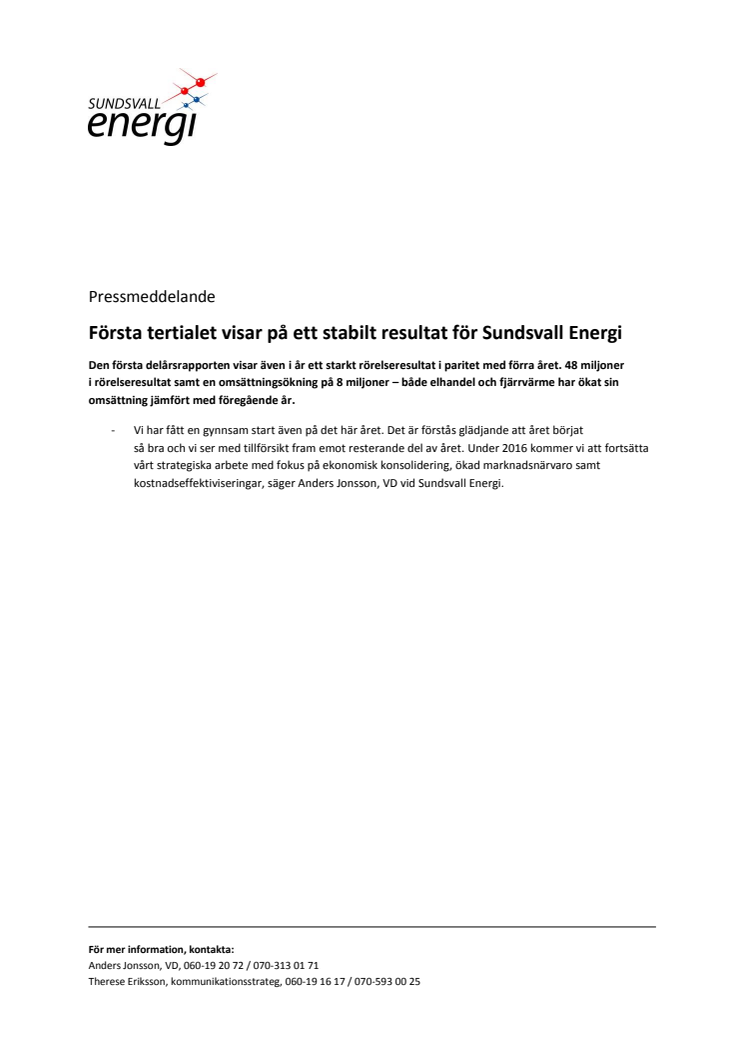 Första tertialet visar på ett stabilt resultat för Sundsvall Energi