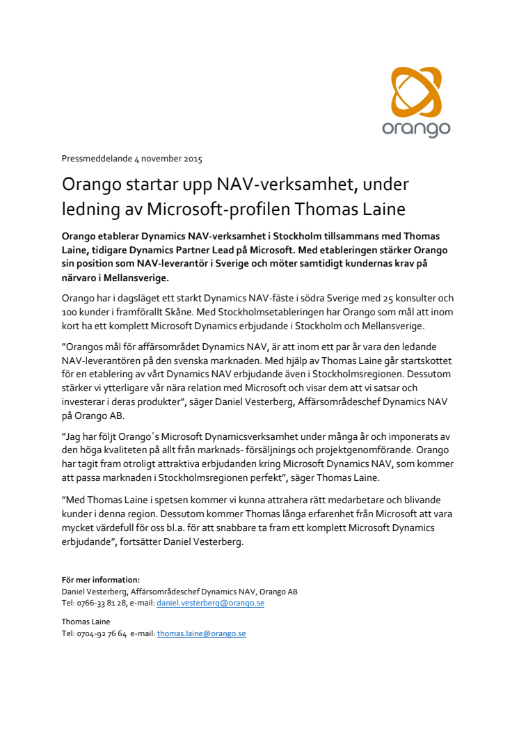 Orango startar upp NAV-verksamhet, under ledning av Microsoft-profilen Thomas Laine