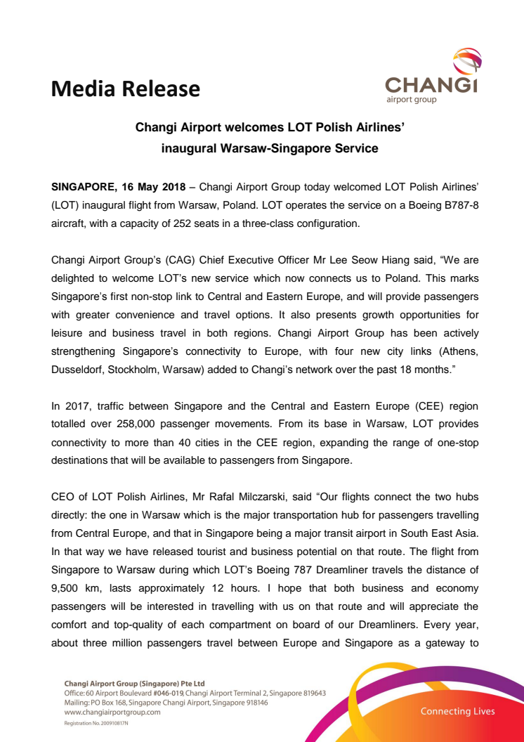 Changi Airport welcomes LOT Polish Airlines’ inaugural Warsaw-Singapore Service