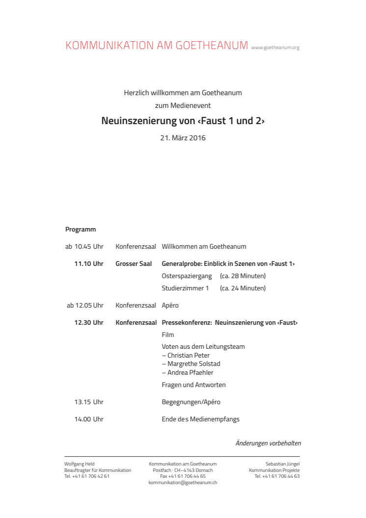 Goetheanum-Bühne: Medienevent am 21. März 2016 zur Neuinszenierung von Goethes "Faust 1 und 2" (ungekürzt)