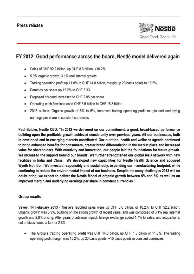 Nestlés globala årsresultat för 2012