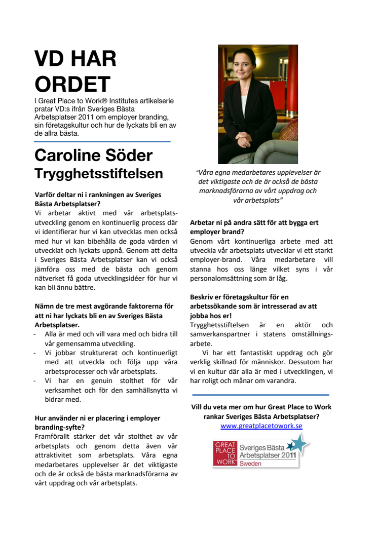 VD har ordet! - Caroline Söder Trygghetsstiftelsen