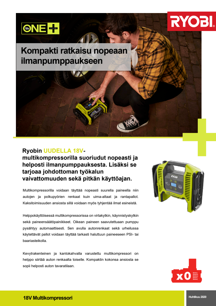 Ryobin® ONE+ -tuoteperheen uusin lisäys on 18V:n multikompressori