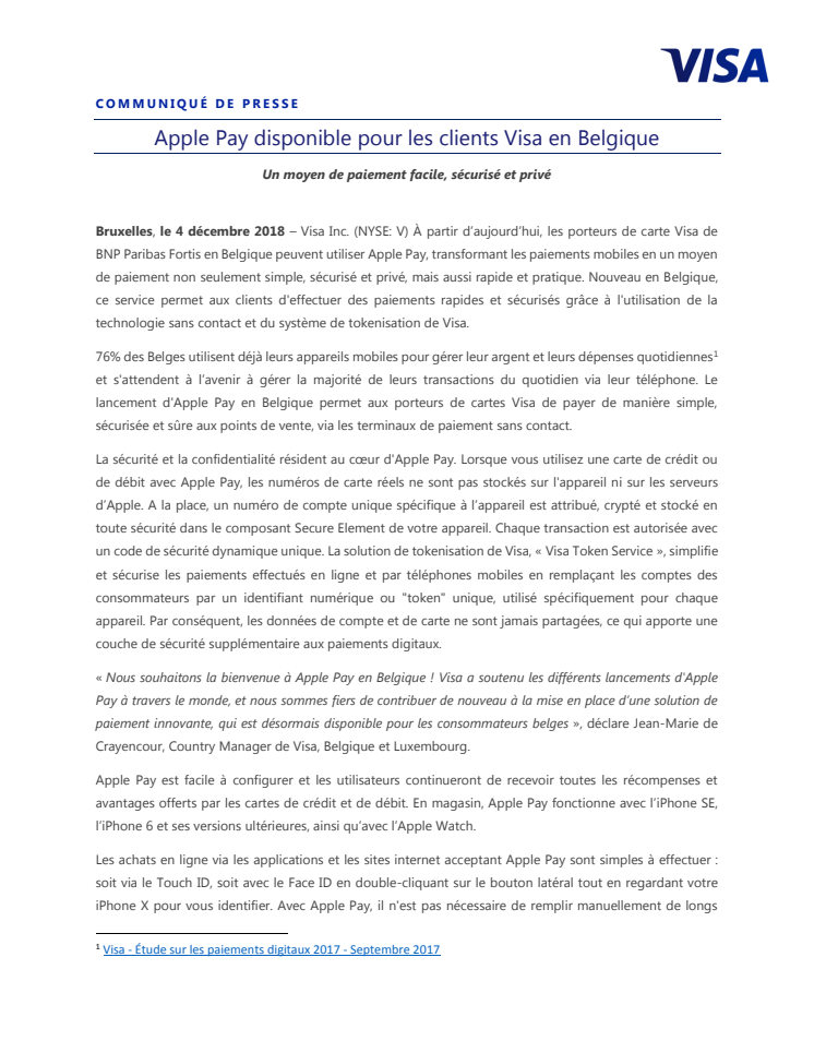 Apple Pay disponible pour les clients Visa en Belgique