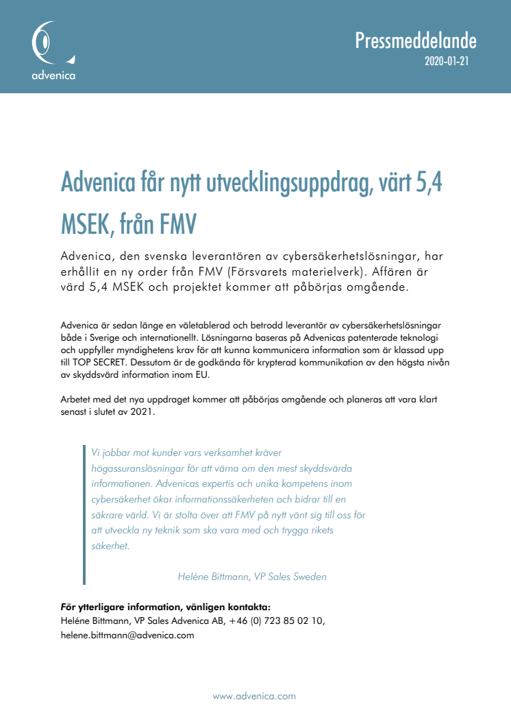 Advenica får nytt utvecklingsuppdrag, värt 5,4 MSEK, från FMV 