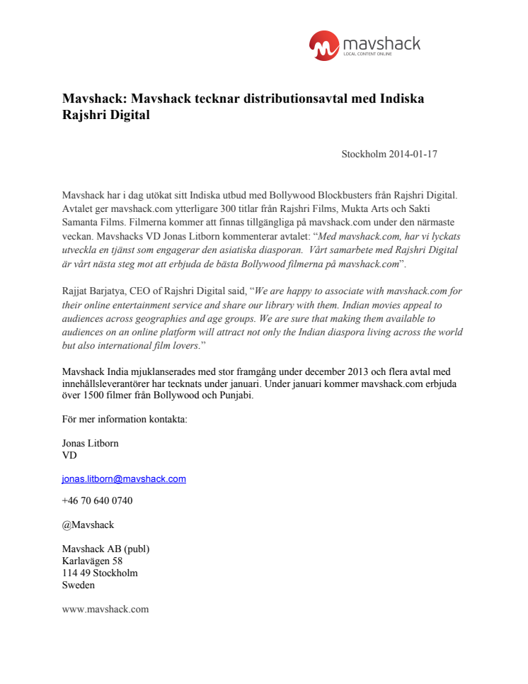 Mavshack tecknar distributionsavtal med Indiska Rajshri Entertainment
