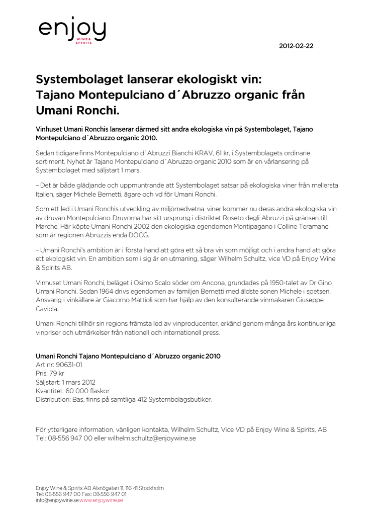 Systembolaget lanserar ekologiskt vin: Tajano Montepulciano d´Abruzzo organic från Umani Ronchi