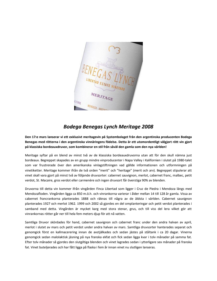 Bodega Benegas Lynch Meritage - klassiskt och tidlöst rött vin från Argentina!