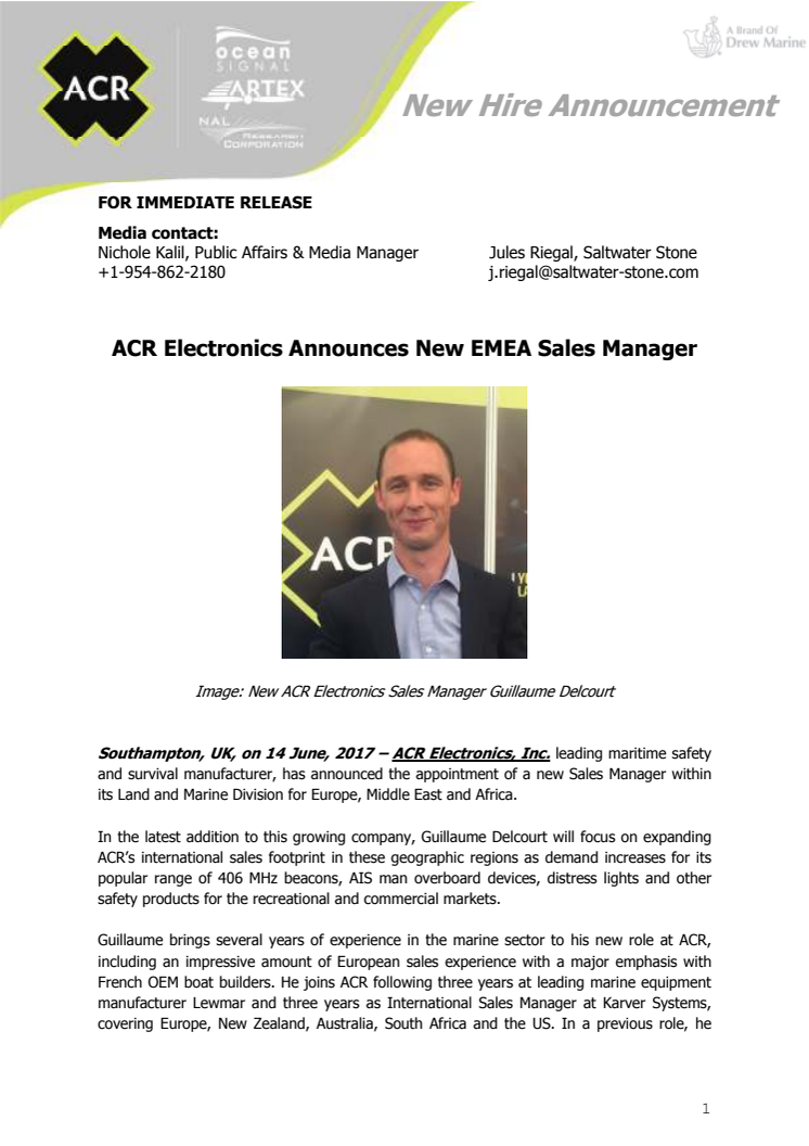 ACR Electronics: ACR Electronics Announces New EMEA Sales Manager