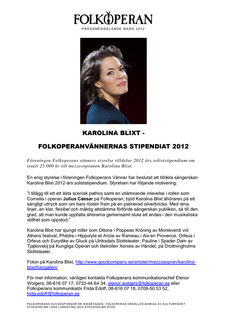 KAROLINA BLIXT -  FOLKOPERANVÄNNERNAS STIPENDIAT 2012 