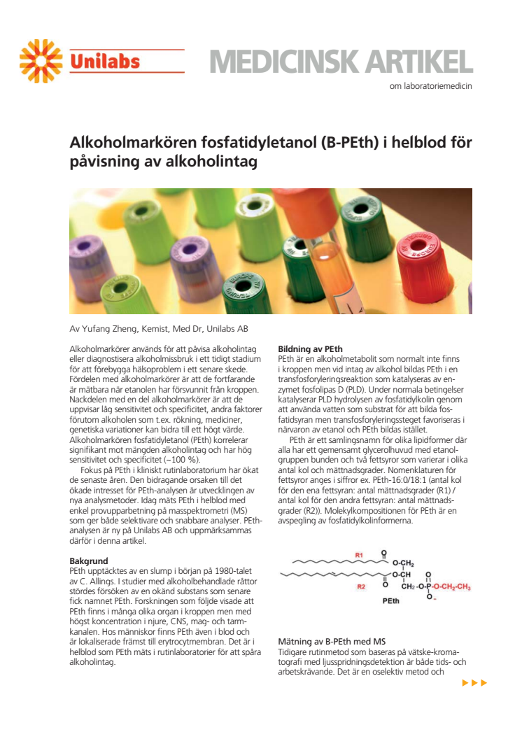 Alkoholmarkören fosfatidyletanol (B-PEth) i helblod för påvisning av alkoholintag