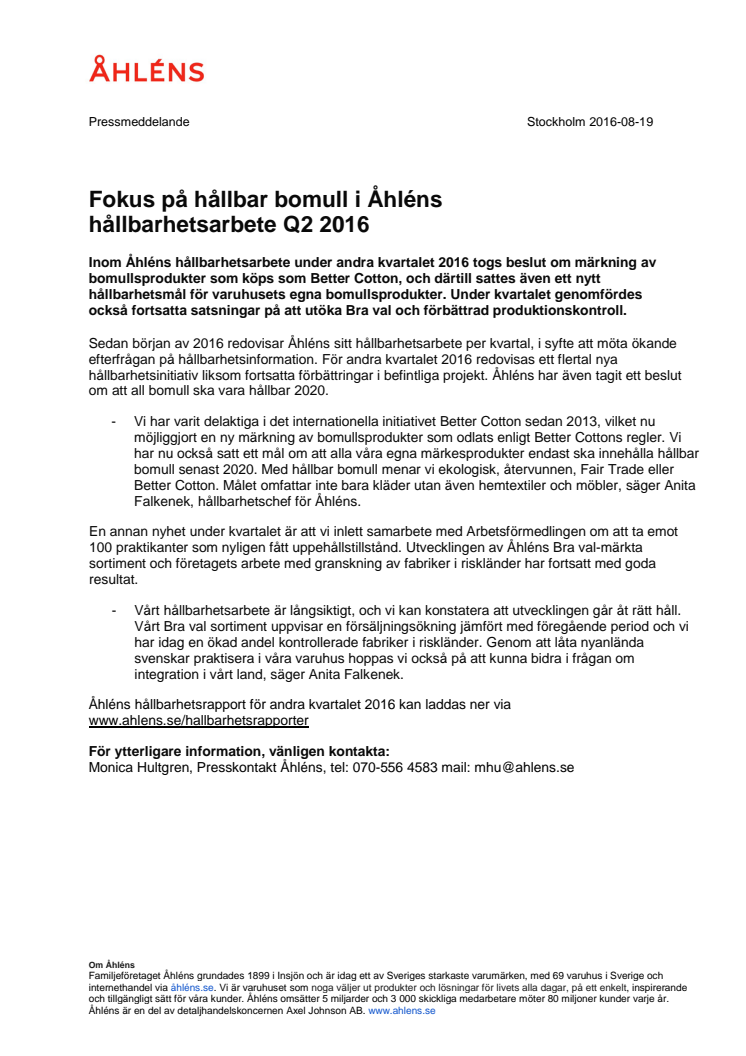 Fokus på hållbar bomull i Åhléns  hållbarhetsarbete Q2 2016