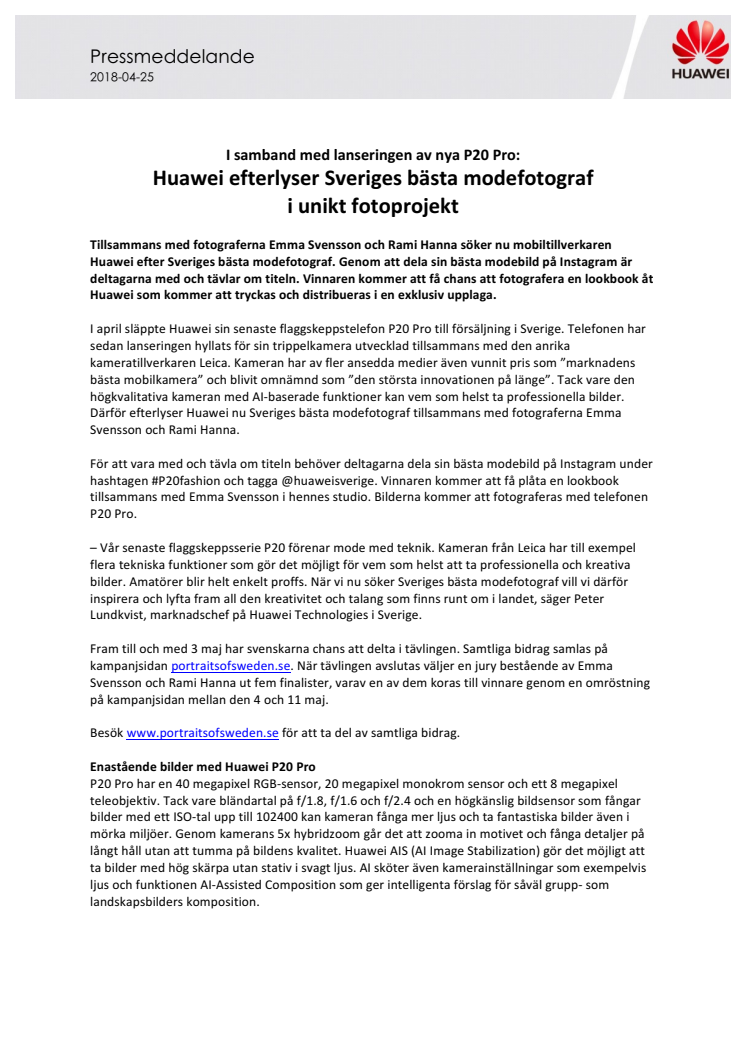 I samband med lanseringen av nya P20 Pro: Huawei efterlyser Sveriges bästa modefotograf  i unikt fotoprojekt