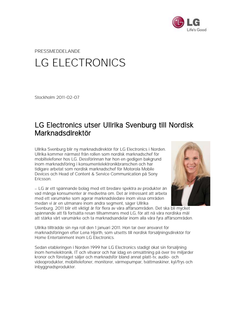 LG Electronics utser Ullrika Svenburg till Nordisk Marknadsdirektör