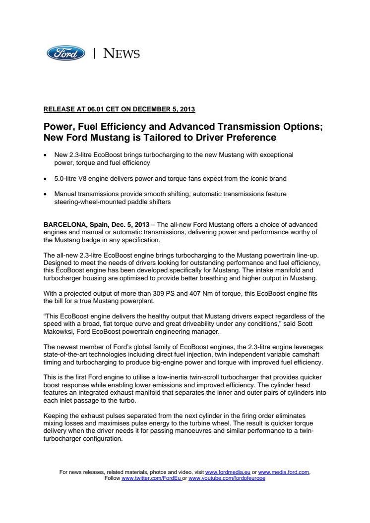 FORD MUSTANG POWERTRAIN - INTERNATIONAL PRESS RELEASE