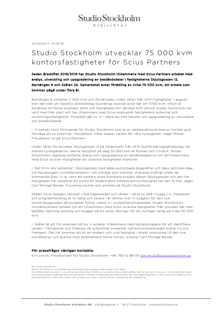 Studio Stockholm utvecklar 75 000 kvm kontorsfastigheter för Scius Partners