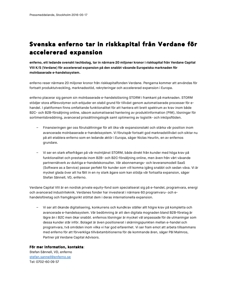Svenska enferno tar in riskkapital från Verdane för accelererad expansion