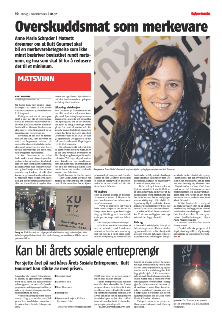 KUTT Gourmet - nominert til årets sosial entreprenør 2015