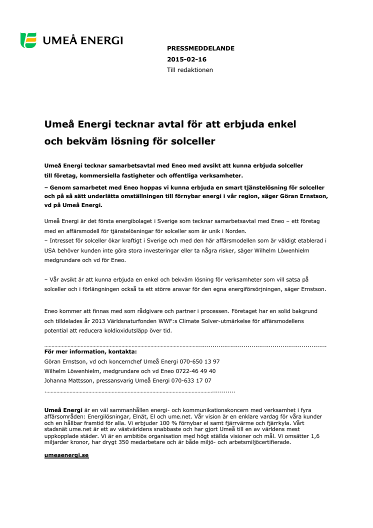 Umeå Energi tecknar avtal för att erbjuda enkel och bekväm lösning för solceller