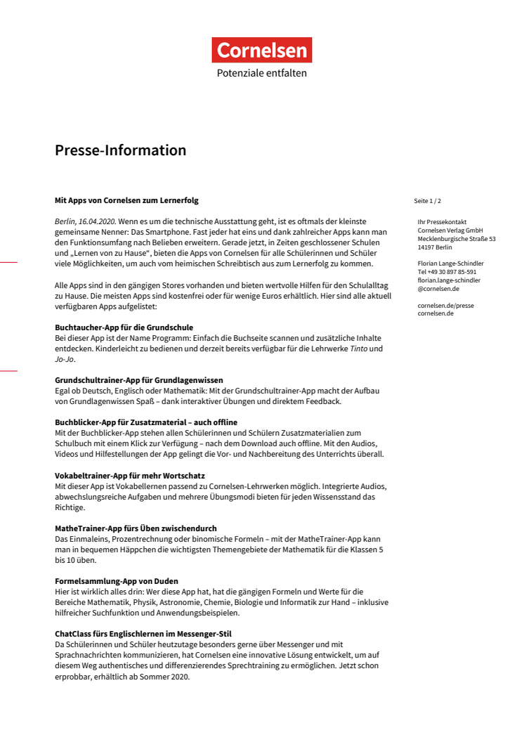 Mit Apps von Cornelsen zum Lernerfolg