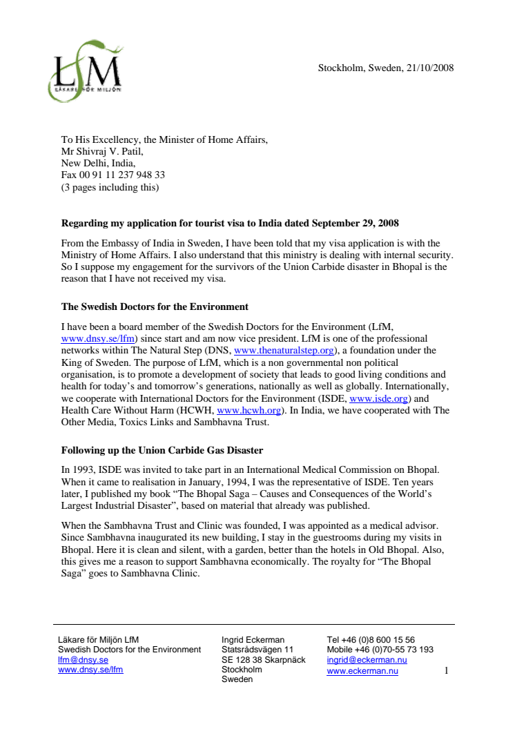 Letter to the Minister of Home Affairs, October 2008
