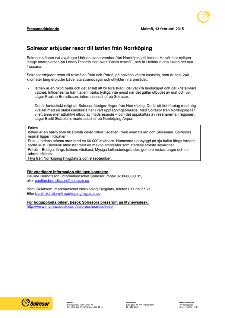 Solresor erbjuder resor till Istrien från Norrköping