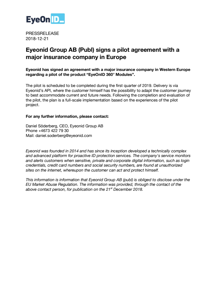 Eyeonid Group AB (Publ) signs a pilot agreement with a major insurance company in Europe 
