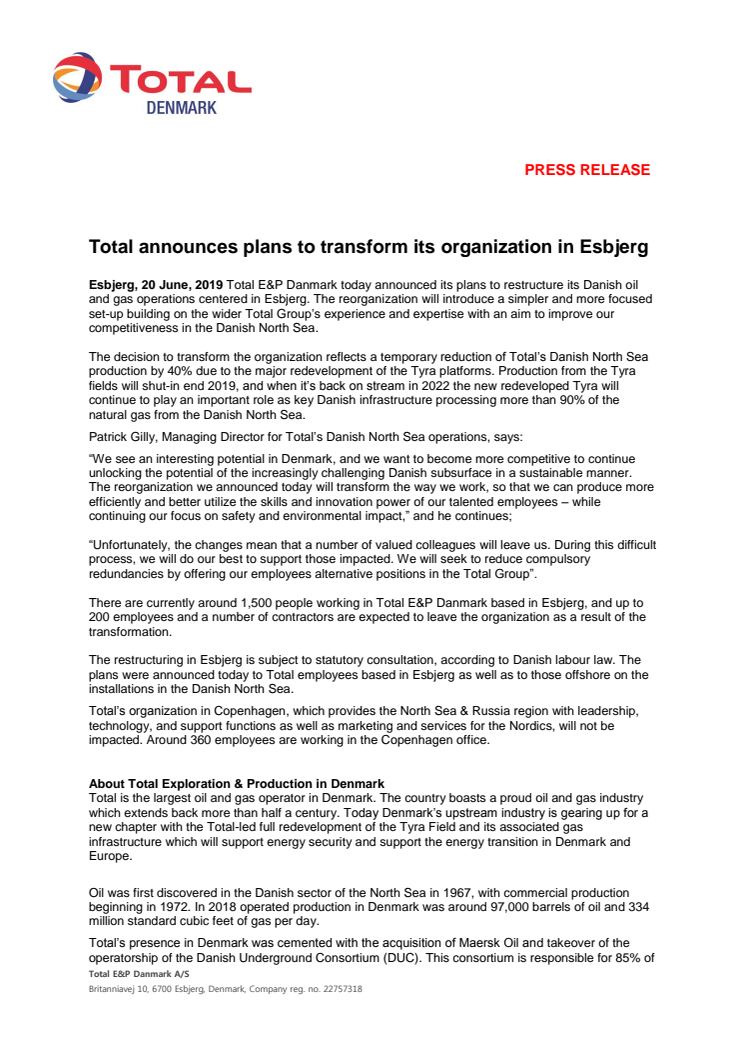 Total annoncerer planer om at transformere organisationen i Esbjerg
