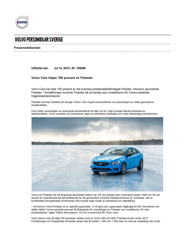 Volvo Cars köper 100 procent av Polestar