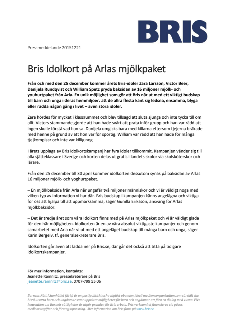 Bris Idolkort på Arlas mjölkpaket