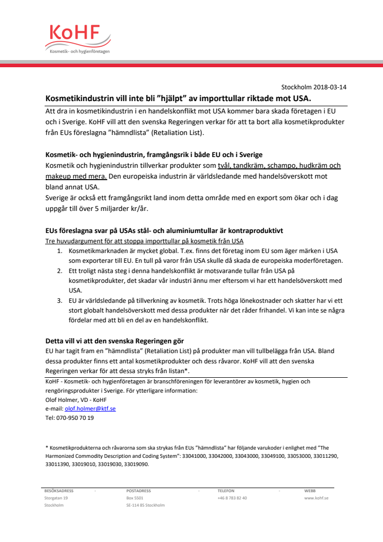 Kosmetikindustrin vill inte bli ”hjälpt” av importtullar riktade mot USA