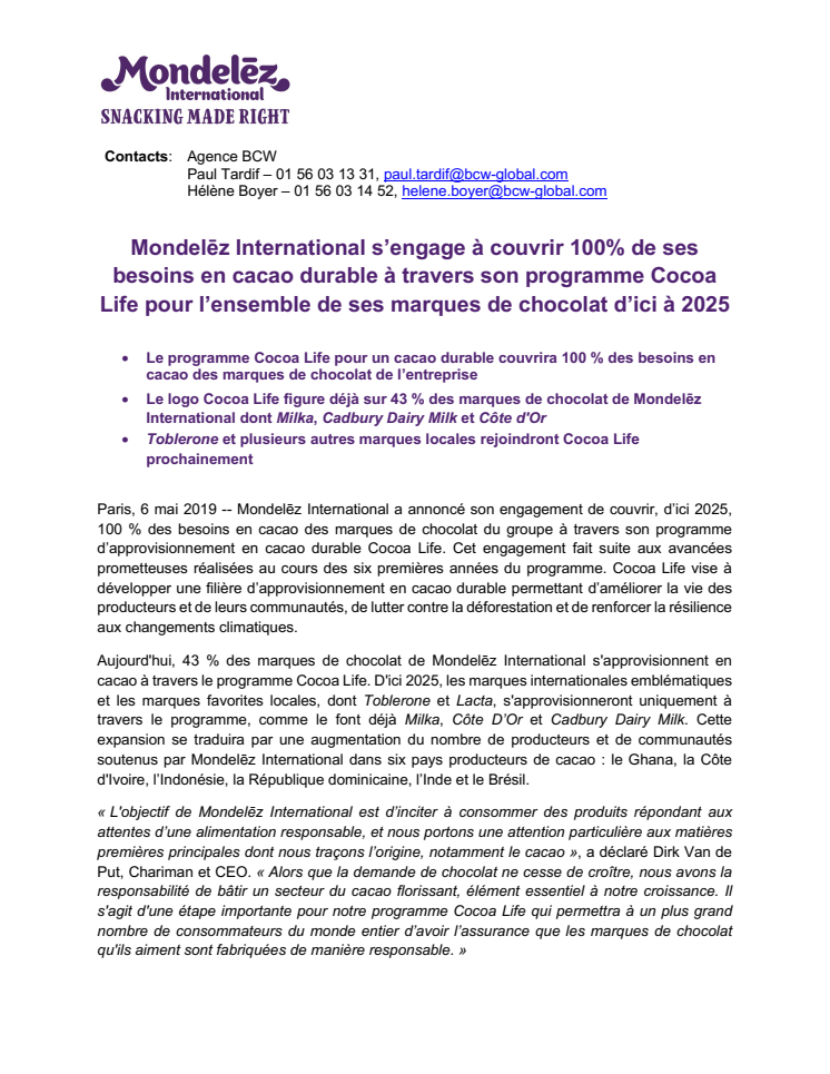 Mondelēz International s’engage à couvrir 100% de ses besoins en cacao durable à travers son programme Cocoa Life pour l’ensemble de ses marques de chocolat d’ici à 2025