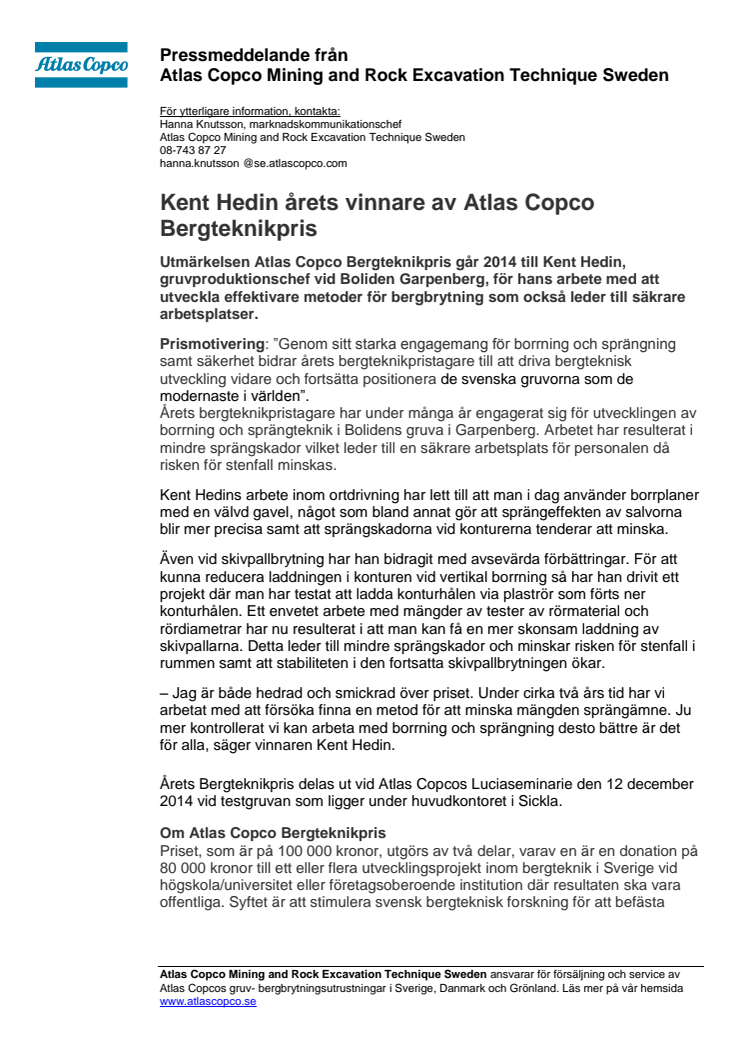 Kent Hedin årets vinnare av Atlas Copco Bergteknikpris!