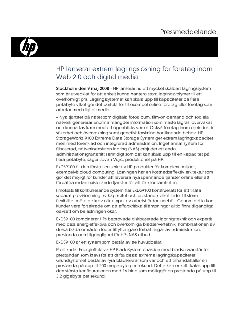 HP lanserar extrem lagringslösning för företag inom Web 2.0 och digital media