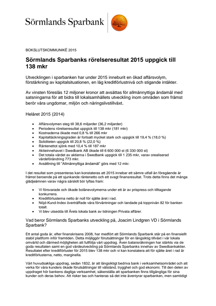 Bokslutskommuniké 2015 - Sörmlands Sparbank
