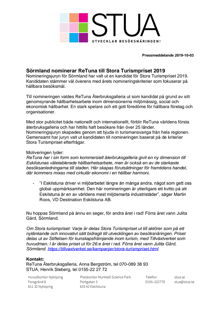 Sörmland nominerar ReTuna till Stora Turismpriset 2019