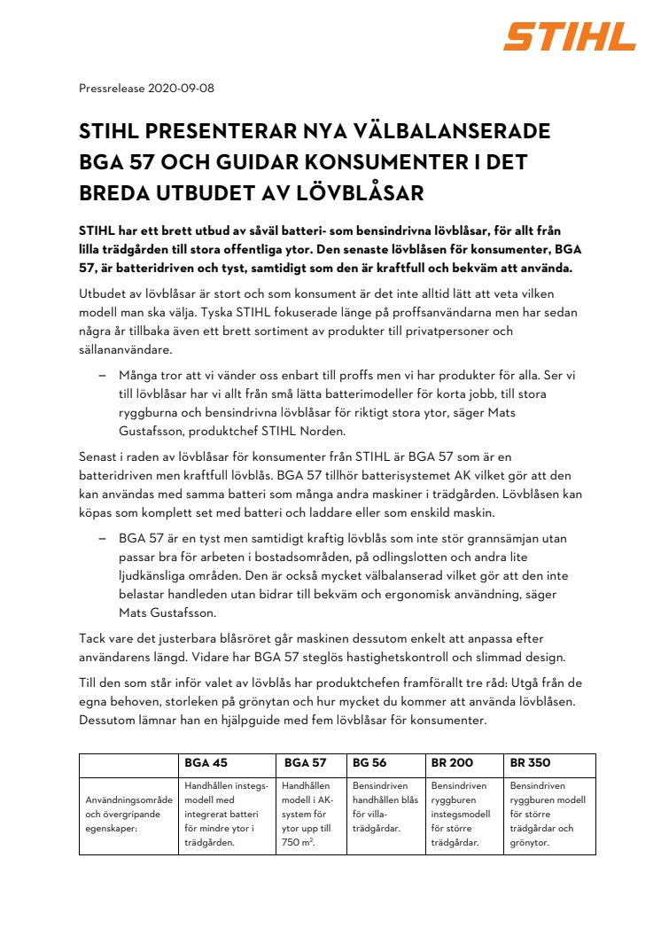 STIHL presenterar nya välbalanserade BGA 57 och guidar konsumenter i det breda utbudet av lövblåsar