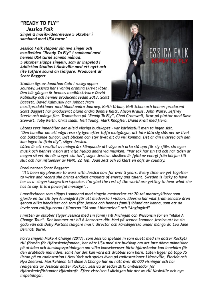 Jessica Falk släpper idag ny singel och musikvideo - "Ready To Fly" inför kommande USA turné i oktober.